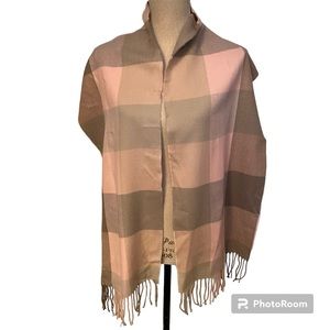 GERMANY SCARF PINK TAN GRAY BUFFALO PLAID CASHMERE LONG RECTANGLE FRINGE SOFT